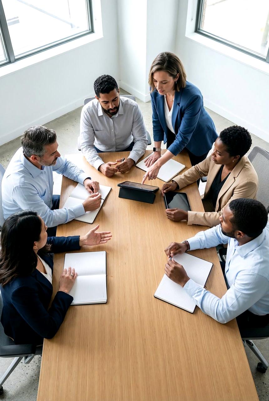 Team collaborating on technical solutions in a modern office